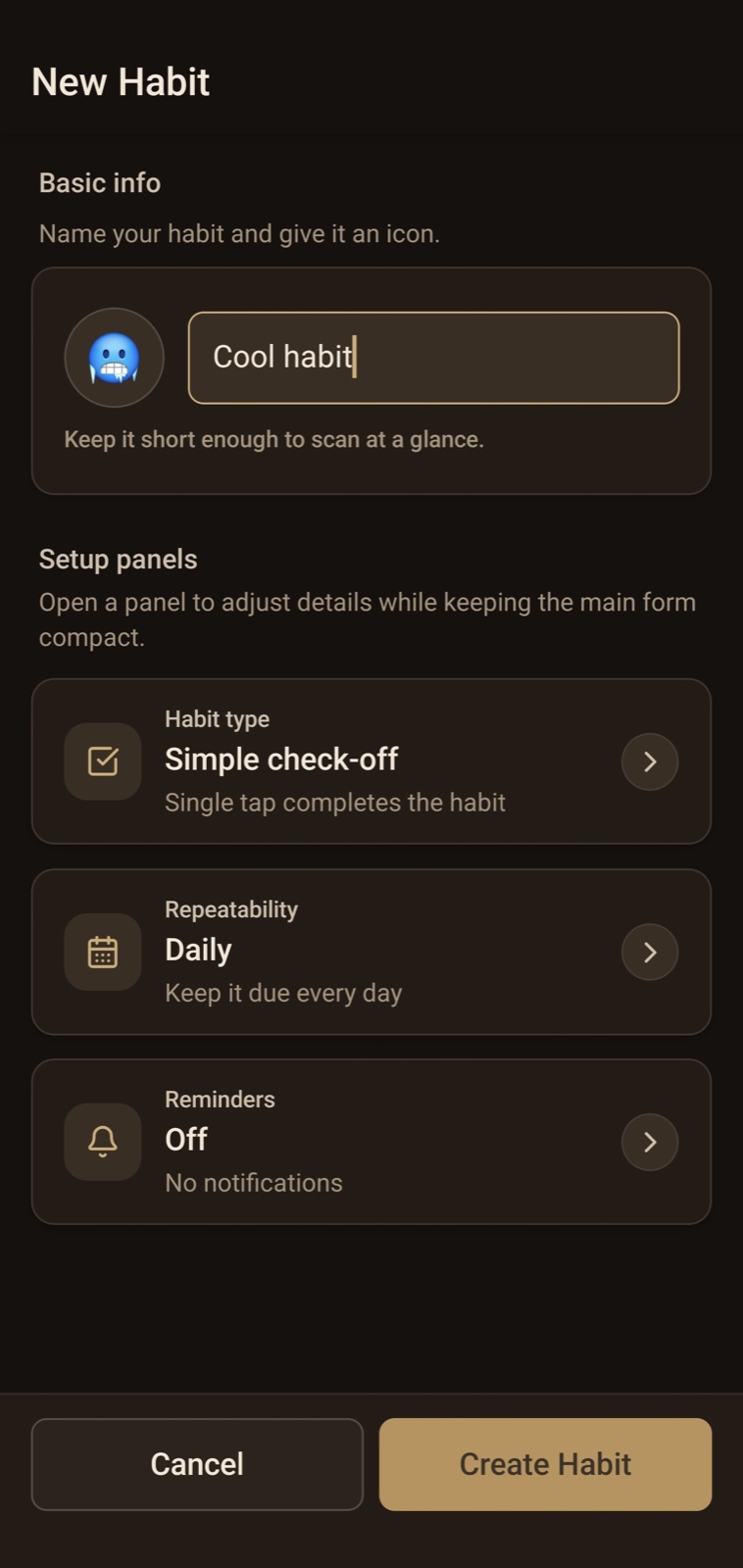 YAHT App habit creation screen