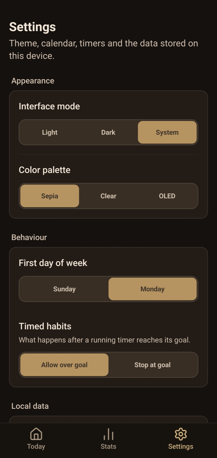 YAHT App settings and data screen